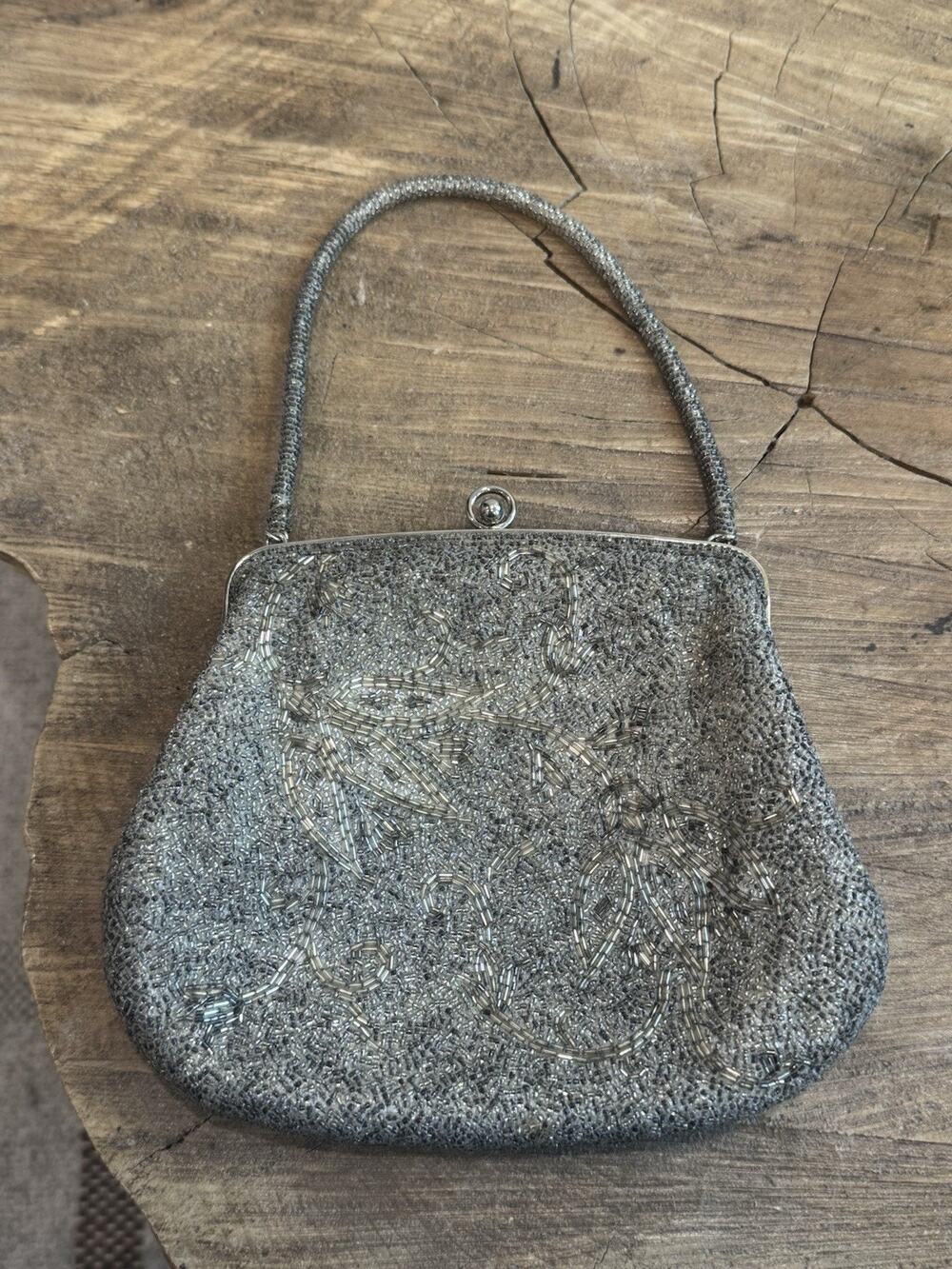 Vintage Wako Japanese Beaded Purse Evening Bag Micro Silver Floral Granny